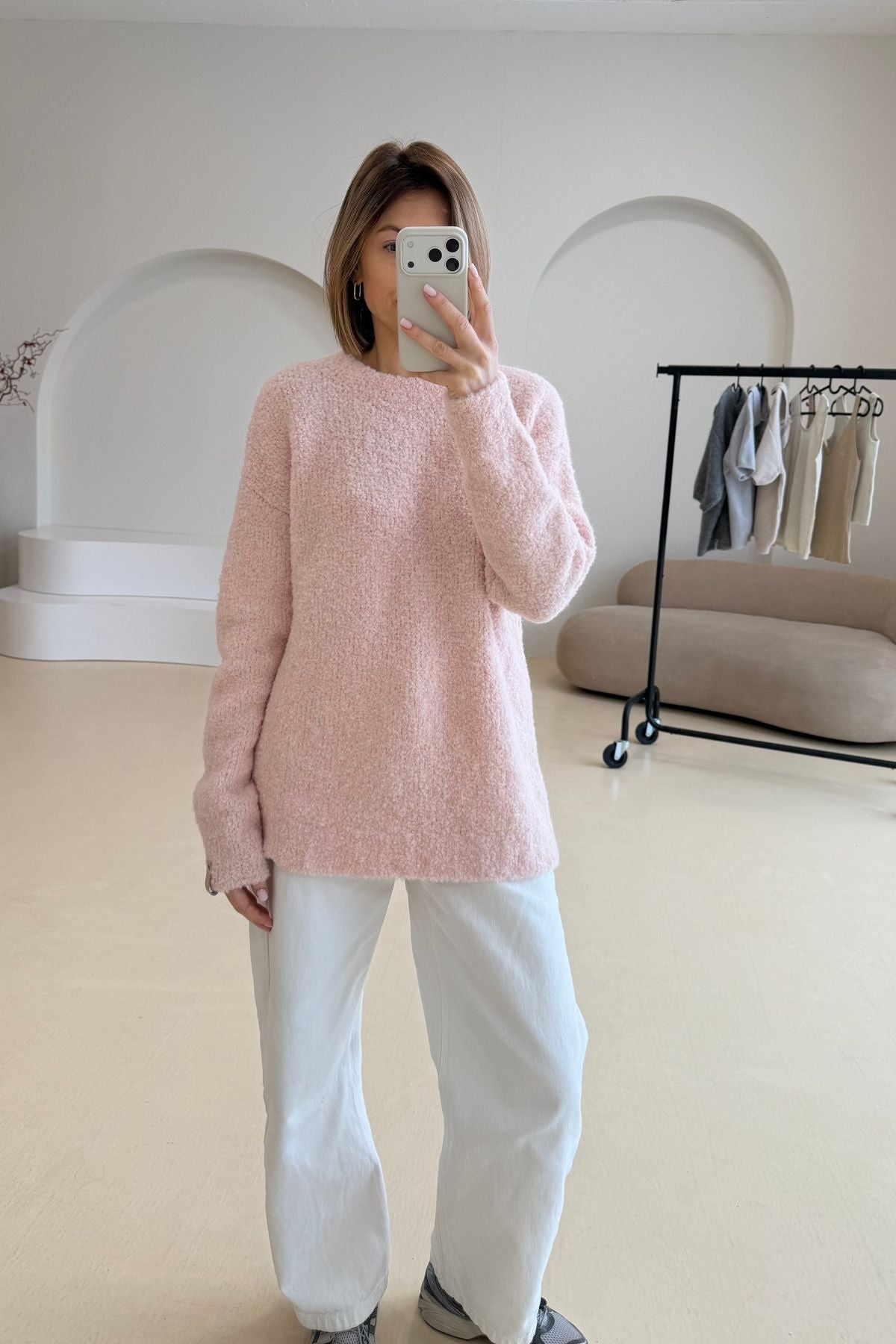 Boucle light peach sweater sample