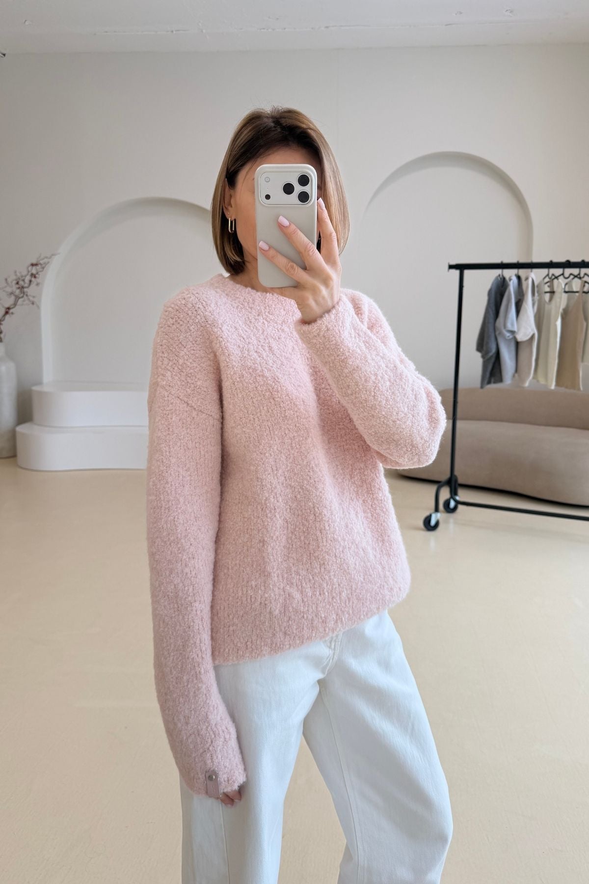 Boucle light peach sweater sample