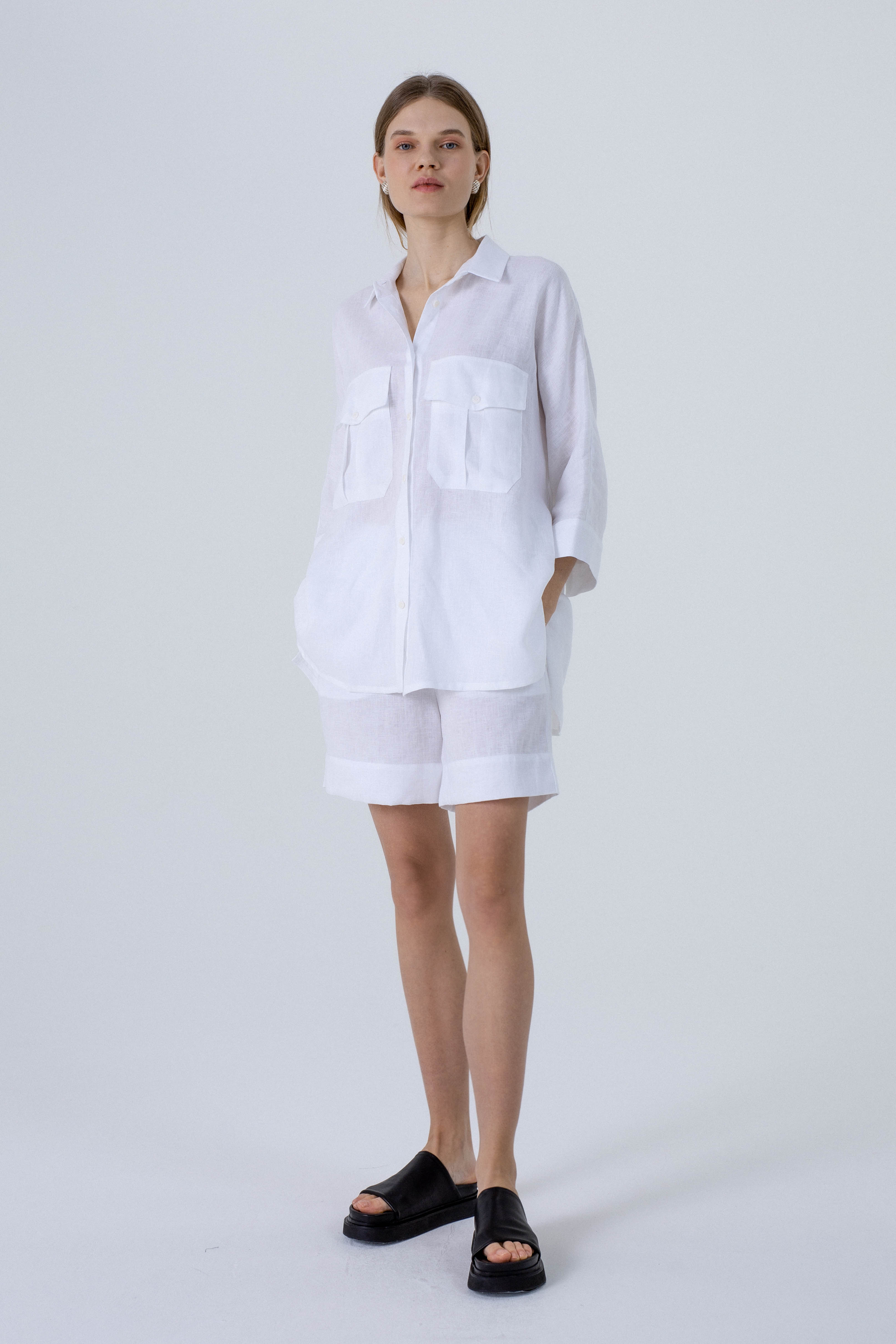 'Dori' white trousers, shorts & shirt set