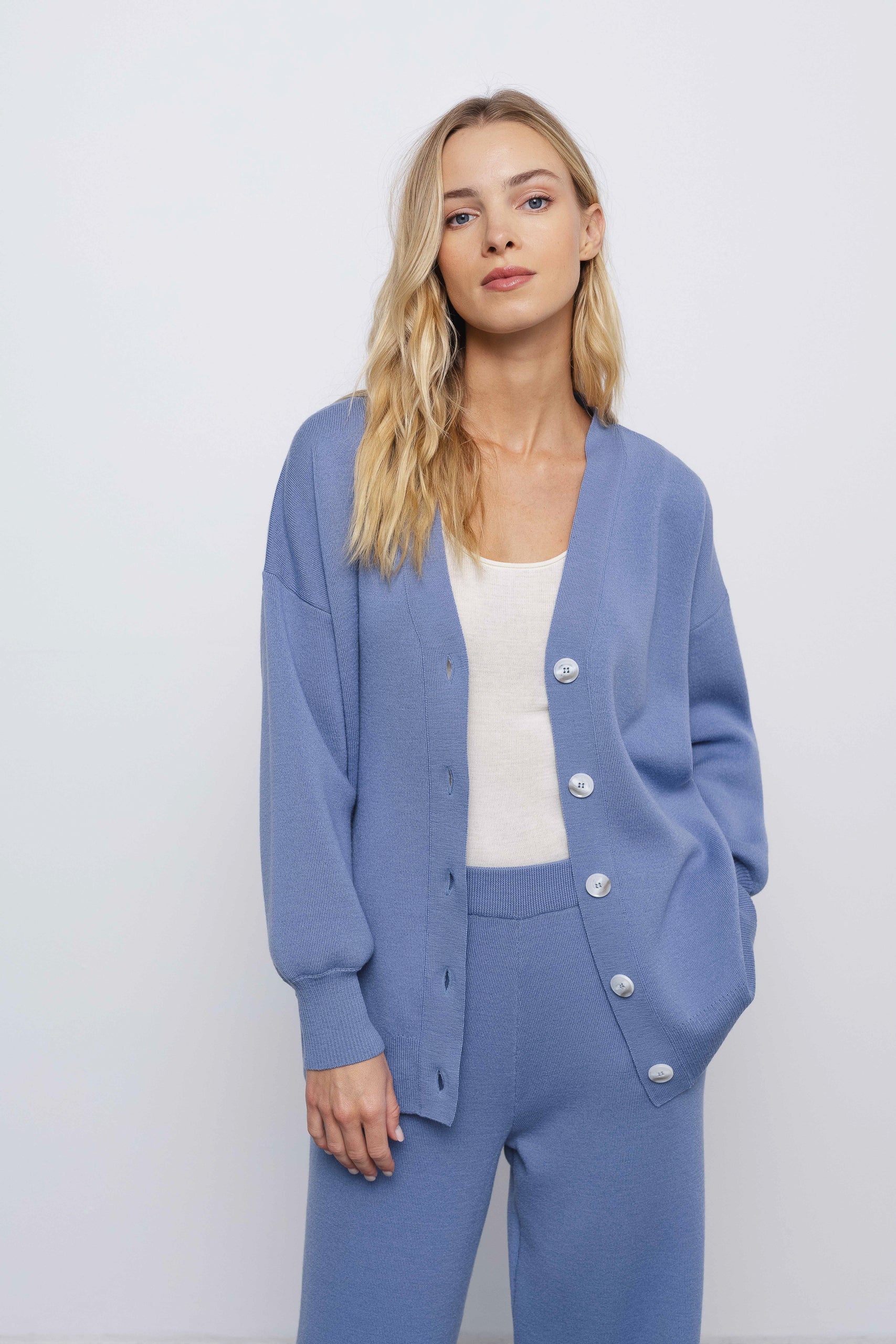 'Pauline' light blue trousers & cardigan set