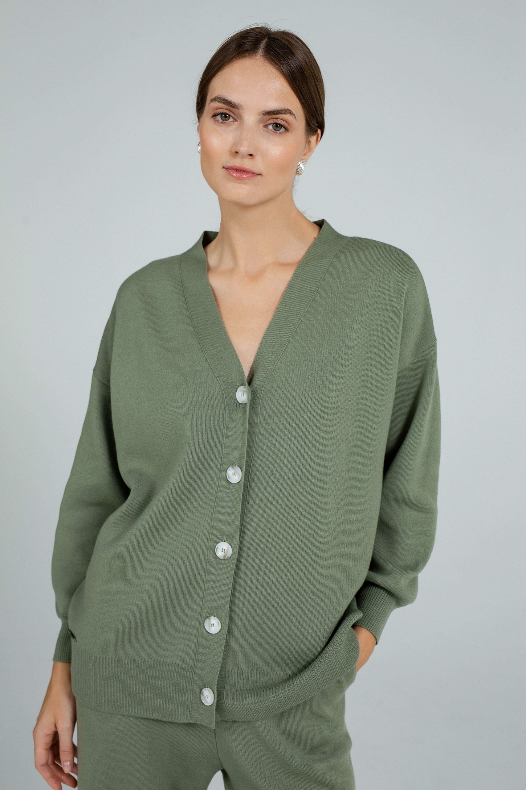 'Pauline' green trousers & cardigan set