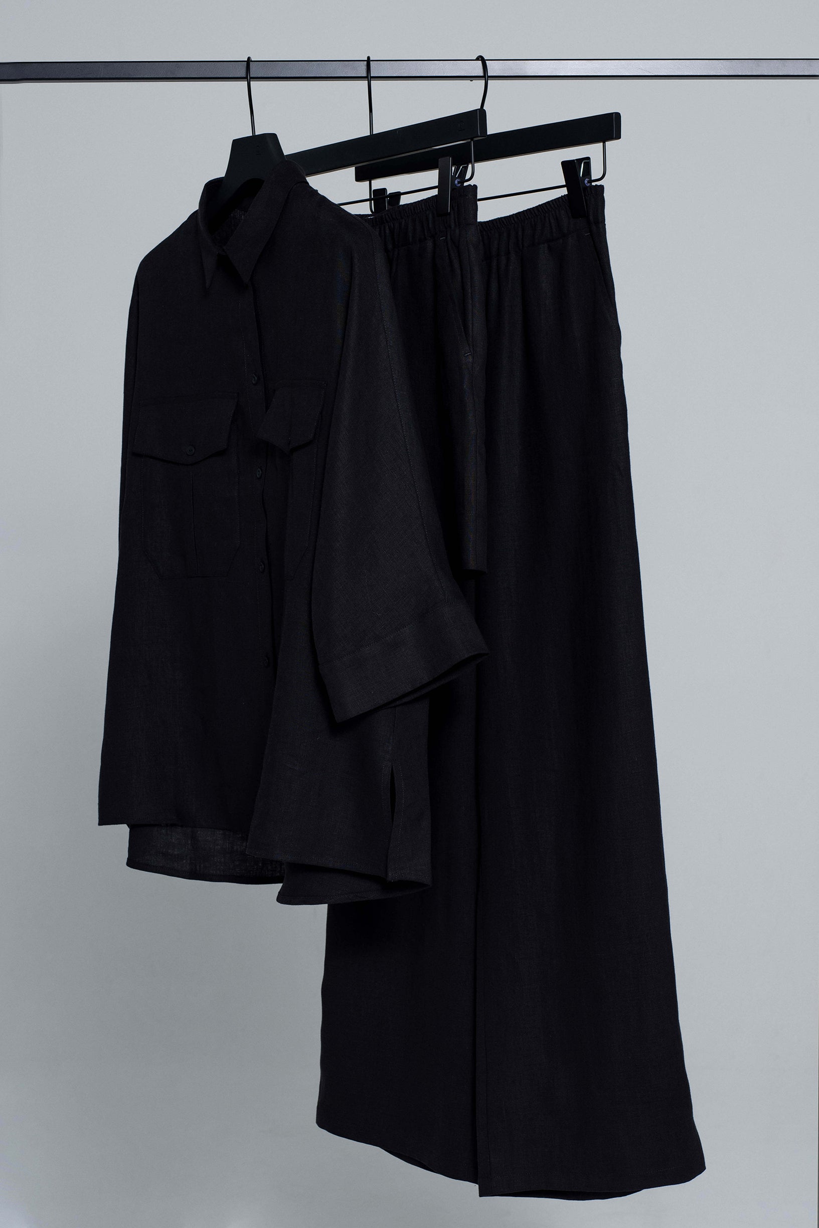 'Dori' matte black trousers, shorts & shirt set