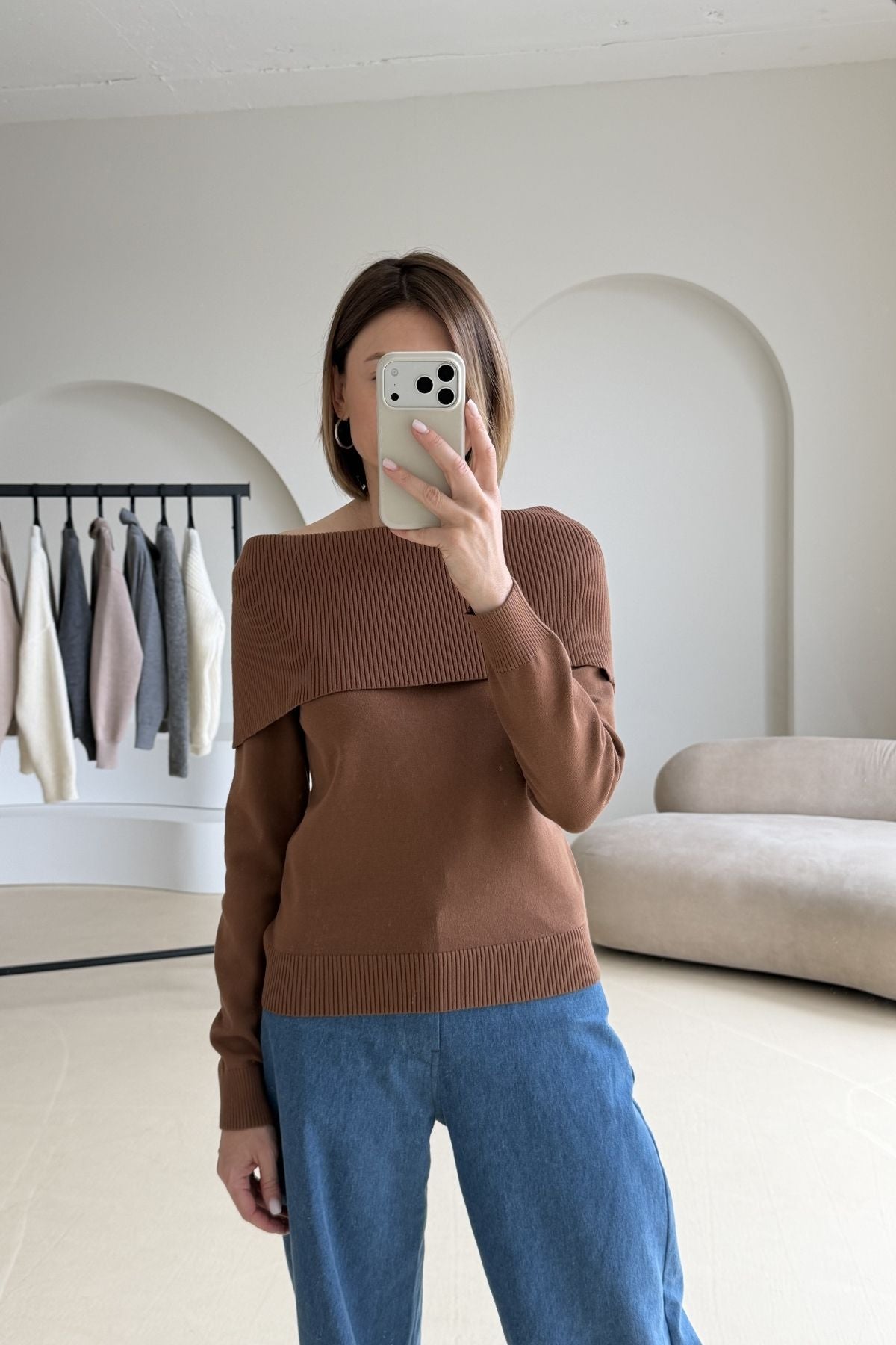 Off-the-shoulder brown blouse sample