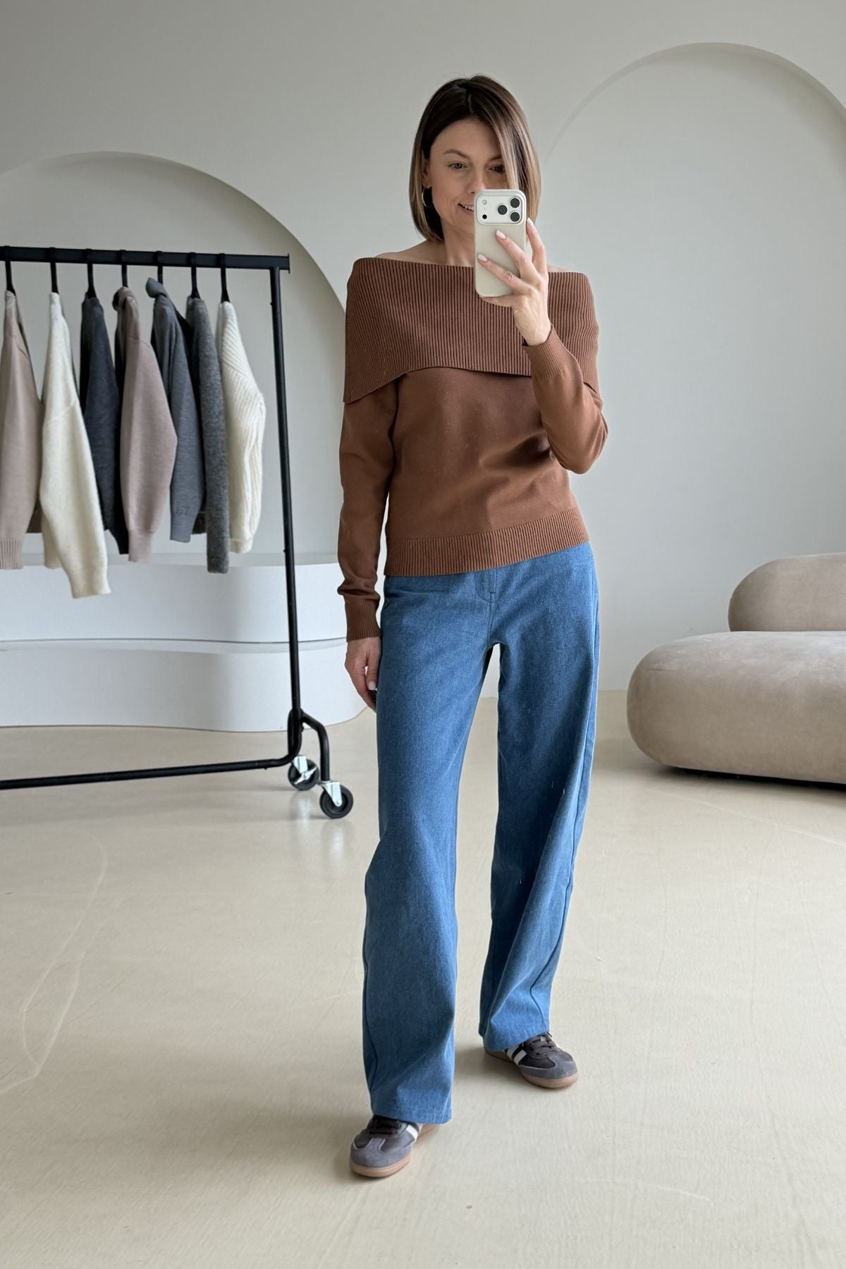 Off-the-shoulder brown blouse sample