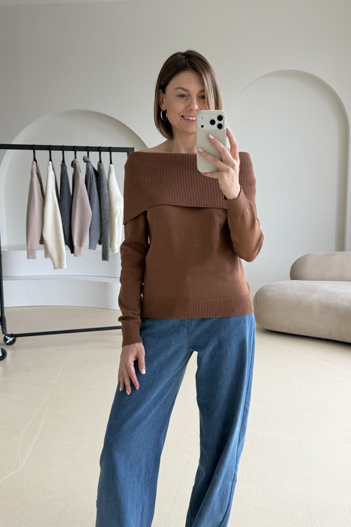 Off-the-shoulder brown blouse sample