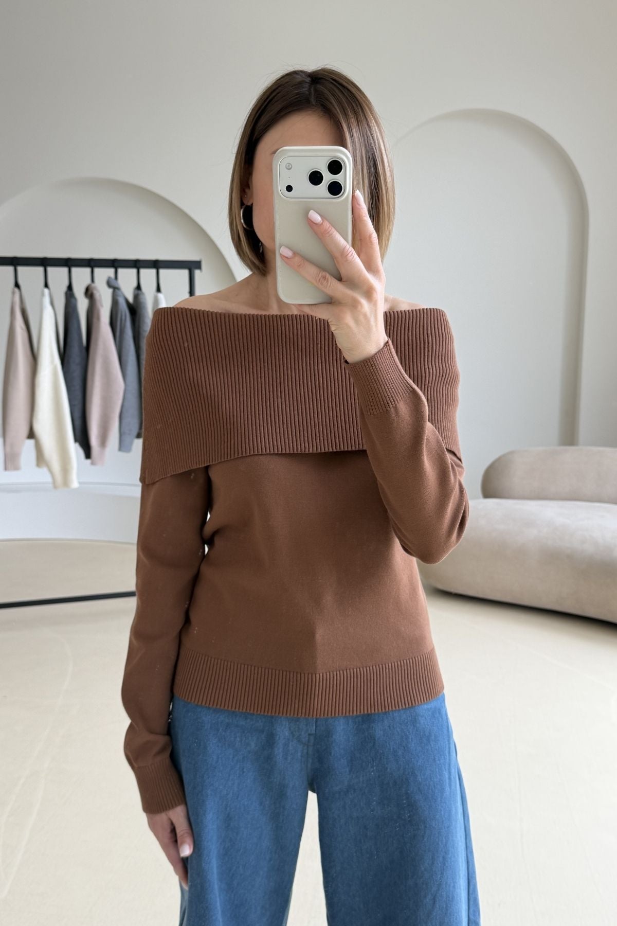 Off-the-shoulder brown blouse sample