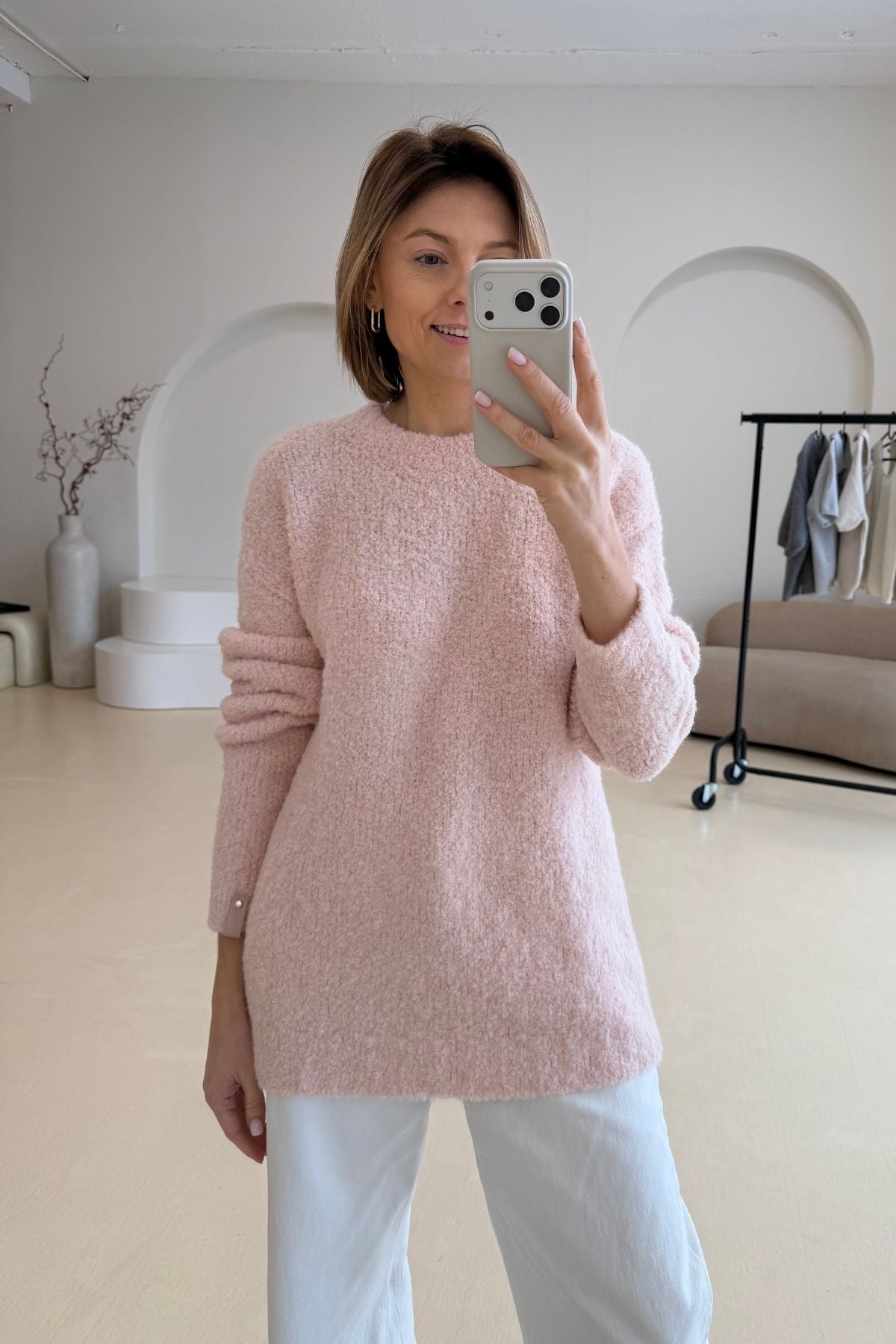 Boucle light peach sweater sample