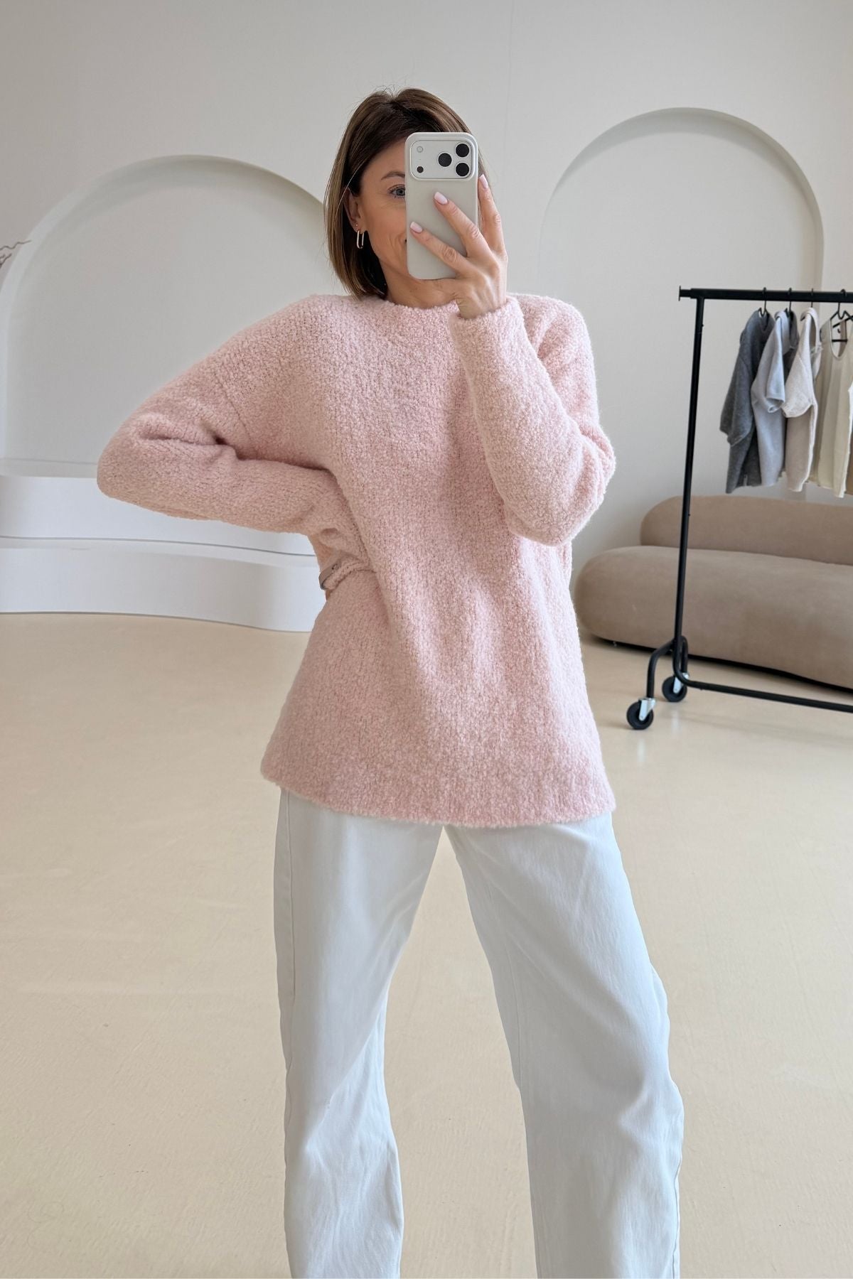 Boucle light peach sweater sample
