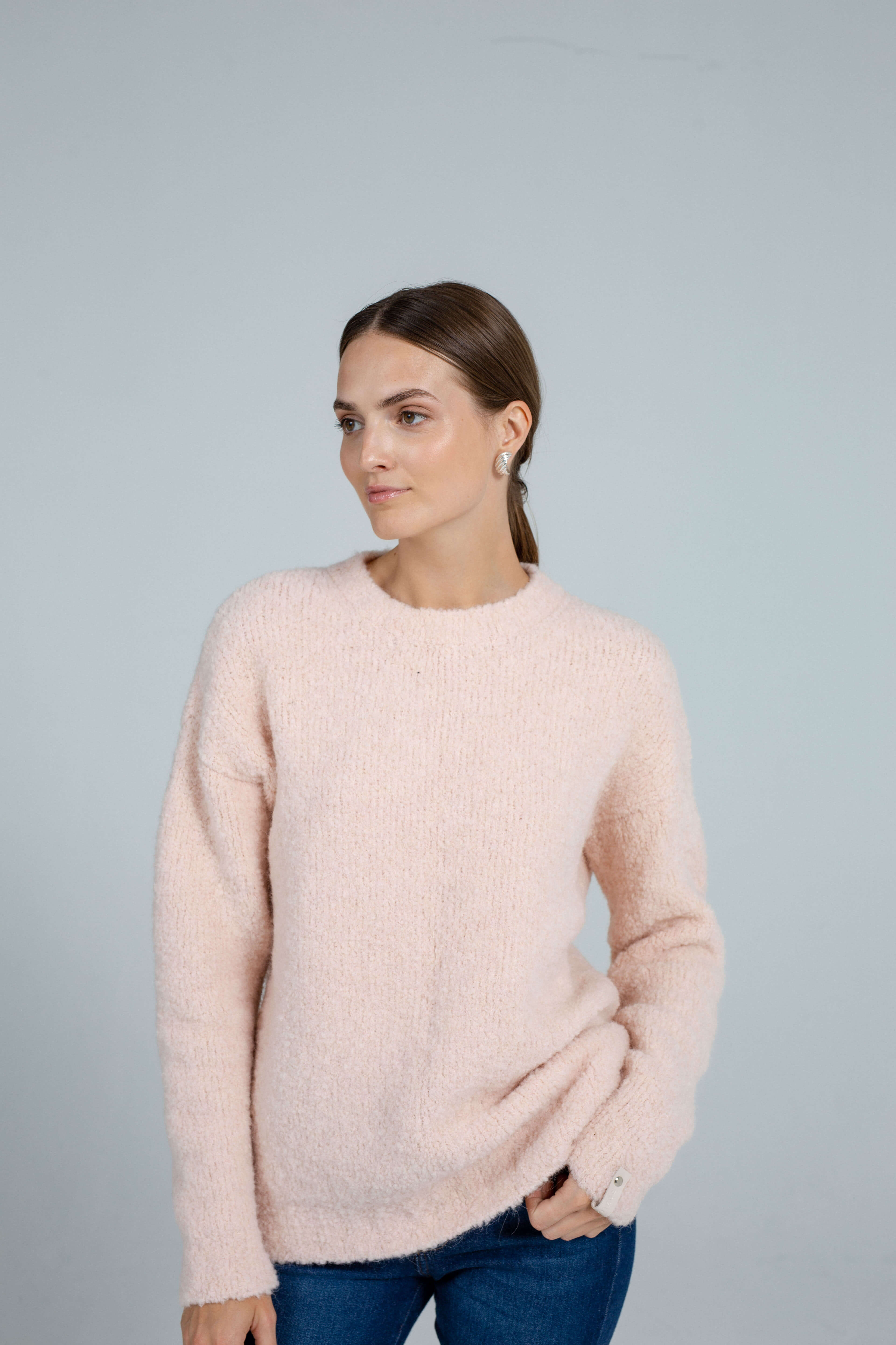 Boucle light peach sweater sample